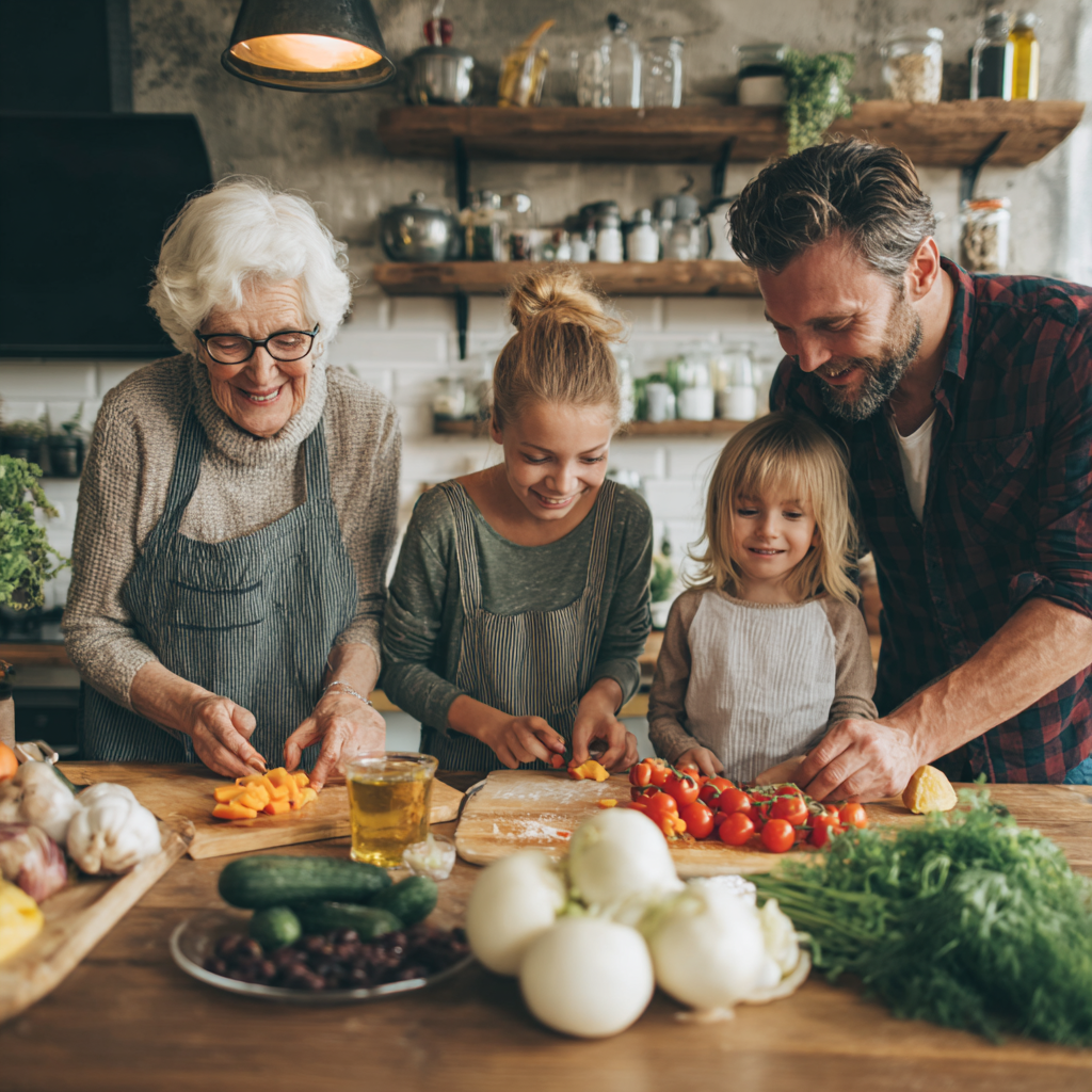 Happy Polish family of different ages preparing healthy meals together in bright kitchen, smiling and enjoying cooking process