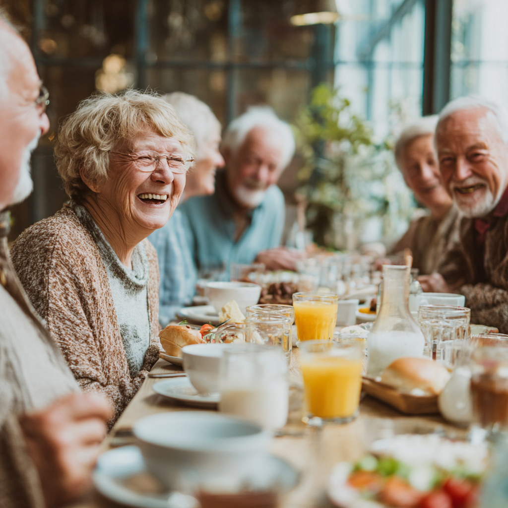 Group of smiling Polish adults of various ages enjoying healthy sweet treats and fruits together in cozy home setting